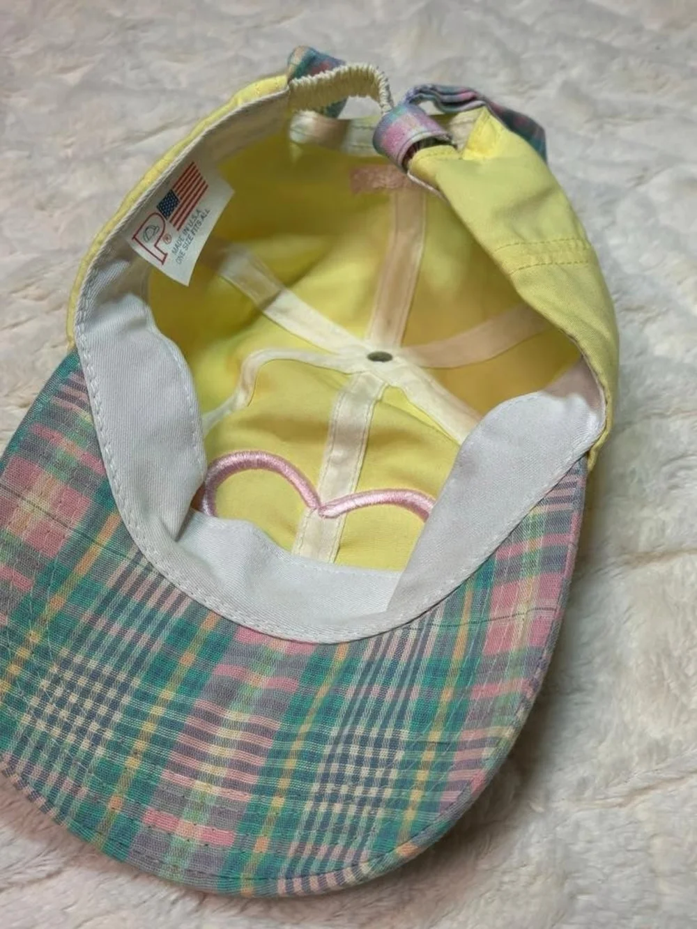 Yellow Kids Baseball Cap with Pink Heart and Pastel Plaid Brim